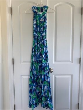 Gorgeous rare Blue & Green Floral Halter Maxi Dress